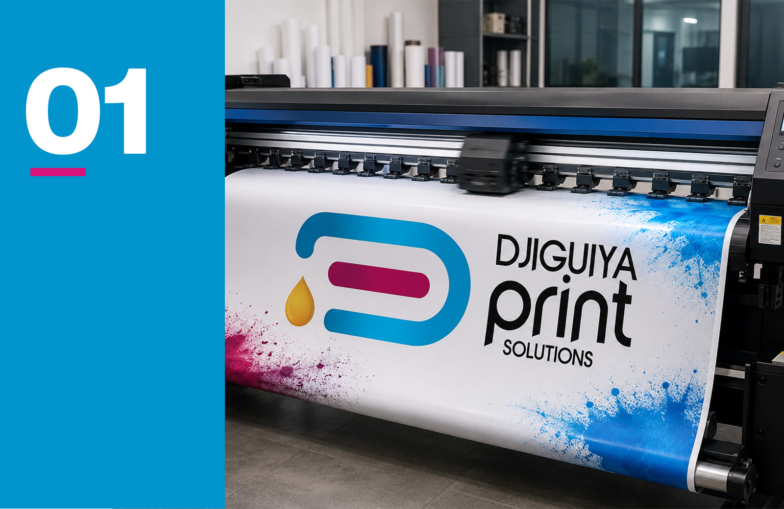 Impression grand format sur bâche, machine en action